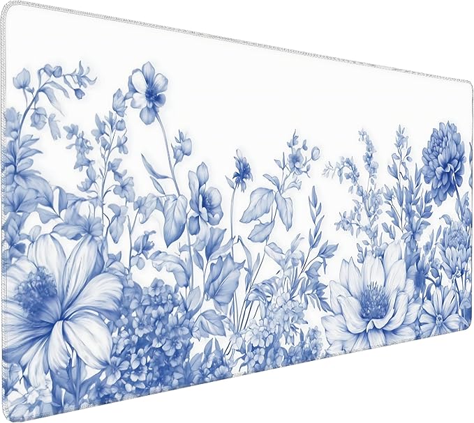 Floral Aesthetic Lotus Gaming Mouse Pad, White Blue Chinoiserie Desk Mat with Anti-Slip Base & Stitched Edges,35.4" x 15.7" in Table Mat for Computer Desktop, Beautiful Workstation Decor