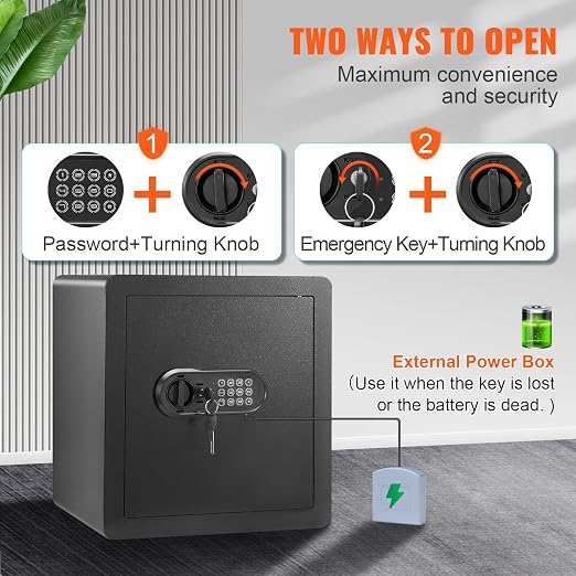 VEVOR Safe Box with Digital Keypad and 2 Keys, 1.8 Cubic Feet Home Safe, Steel Security Cabinet, with Fire-proof Bag, Protect Cash, Gold, Jewelry, for Home, Hotel,15.8"Wx13"Dx16.9"H