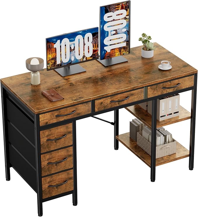 Sweetcrispy 47" Computer Desk with 6 Fabric Drawers & Storage Shelves | Reversible Gaming Desk, Office Desk, Computer Workstation, Corner Desk with Storage, Home Office, Living Room,Rustic Brown