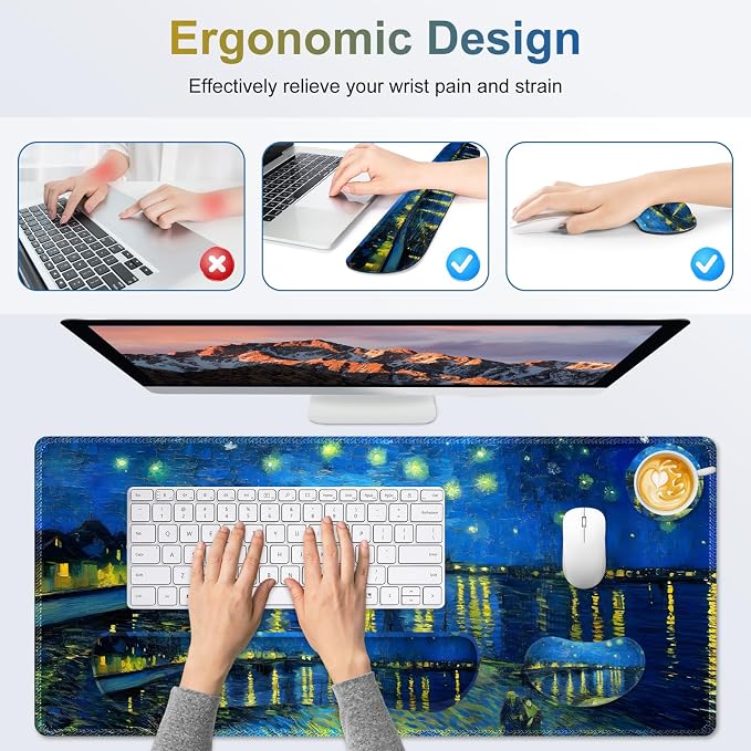 Large Gaming Mouse Pad Set, 4 in 1 Ergonomics Keyboard Desk Mat Memory Foam Wrist Rest, Computer Extended Game Mousepad, Non-Slip Desk Matt Easy Typing Pain Relief I Starry Night Over The Rhone