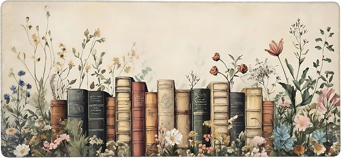 Floral Aesthetic Book Gaming Mouse Pad, Beige Vintage Botanical Desk Mat with Anti-Slip Base & Stitched Edges, Computer Keyboard & Laptop Pad, 35.4" x 15.7" in in Workstation Accessories