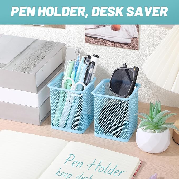 Segarty Pencil Holder, 6 Pack Square Light Blue Pen Holder for Desk, Mesh Pencils Cup Container Marker Organizer Set for Office Supply, School Classroom, Home Desktop Storage and Organization