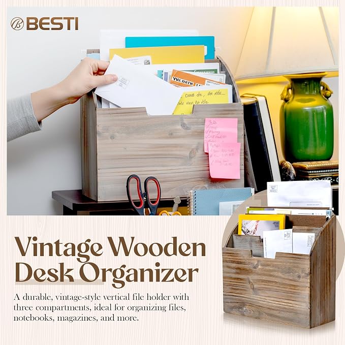Besti Wooden Desk Organizers for Office & Home Use – 12.8 x 5 x 12 Inch Vintage File Stand – Vertical Desktop File Folder Organizer – Durable File Shelf – Ideal for Files, Folders, Envelopes, Mail