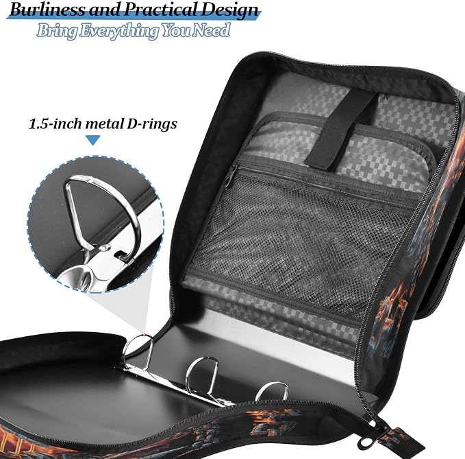 ALAZA Zipper Binder 3 Ring Skull Chain Flame Binder Organizer with Zipper and Shoulder Strap Large Capacity Multi-Pocket Trapper Keeper File Folder for Office Supplies