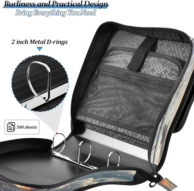 Fighter Jets in Action Zipper Binder 3 Ring with Handle and Shoulder Strap, 500 Sheet Binder Organizer Capacity & Multi-Pockets for School Office