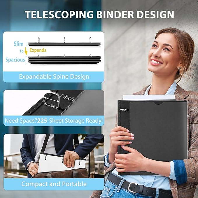 WOT I 1 Inch Telescoping 3 Ring Binder 4 Pack, Expandable Flexible Binder with Customizable Front Cover & Clear Catalog Pocket, Holds 225 Sheets, School Office Supplies, Black