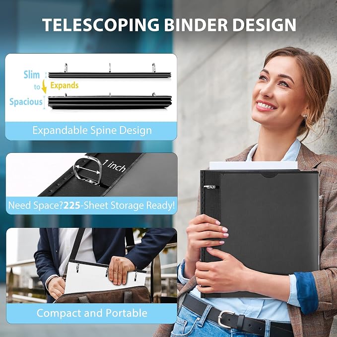 WOT I 1 Inch Telescoping 3 Ring Binder 4 Pack, Expandable Flexible Binder with Customizable Front Cover & Clear Catalog Pocket, Holds 8.5"x11" Paper, School Office Supplies, Black