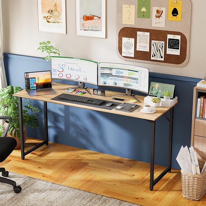 PayLessHere | 63 Inch Computer Desk | Nature | Office Desk with Metal Frame, Adjustable Feet | Water-Resistant, Scratchproof Surface | Sturdy Writing Table for Home Office or Study | Pack of 1