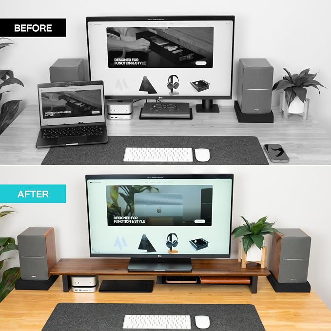 COREMINDED Solid Wood Dual Monitor Stand Riser, 42 Inch Walnut Desk Shelf | Fits 2 Monitors, Sturdy & Stable Solid Wood, Under Monitor Keyboard Storage, Office Desktop Organizer, Easy Assembly, Walnut