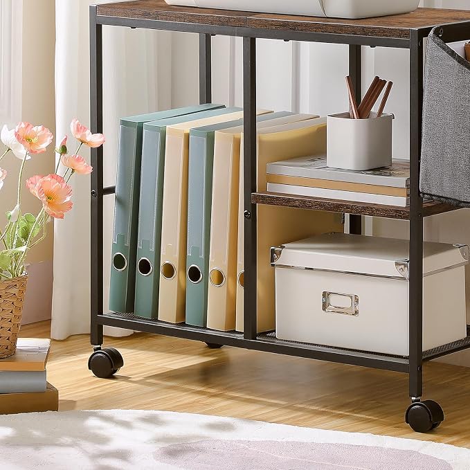 MAHANCRIS Printer Stand with Storage Bag, 3-Tier Mobile Under Desk Printer Cart with Wheels, Wood Rolling Printer Table, Organizer Shelf for Study, Office, Living Room, Rustic Brown PTHR2201