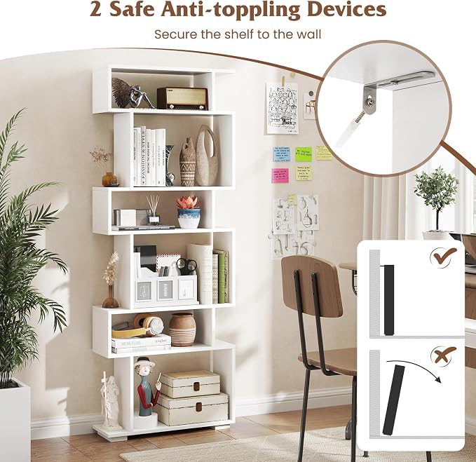 Tangkula 6-Tier S-Shaped Bookshelf, 64" Freestanding Geometric Bookcase, Home Office Wood Storage Shelf with Anti-Toppling Device, Room Divider Display Rack for Study, Living Room (2, White)