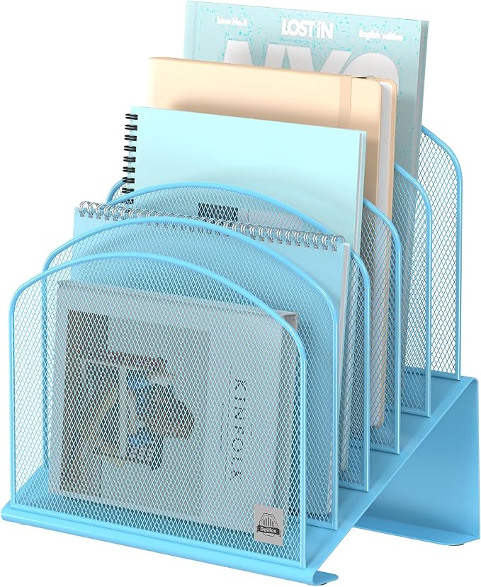 Delifox Inclined Desk File Organizer,Vertical File Folder Holder Stand Metal Rack File Sorter for Office Classroom Desktop Organization (1, Blue, 5)