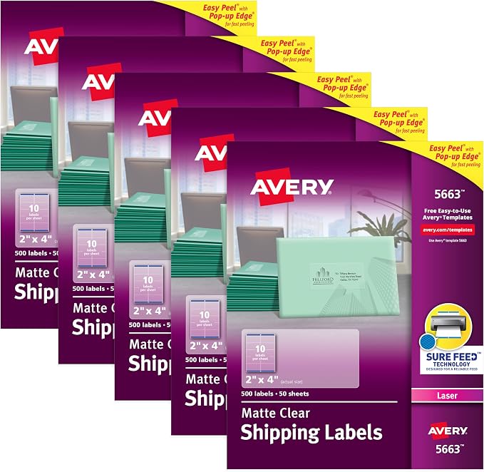 Avery Matte Frosted Clear Address Labels for Laser Printers, 2" x 4", 500 Labels, 5 Packs (5663)
