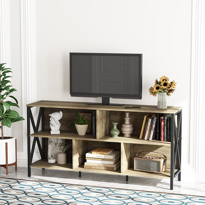 Adompacat 47" Low Horizontal Bookshelf, 5 Cube Wide Storage Organizer, Industrial Wood Metal Cubby Bookcase, Rustic Oak Farmhouse Open Shelf for Bedroom Living Room Home Office(47 in, Oak)