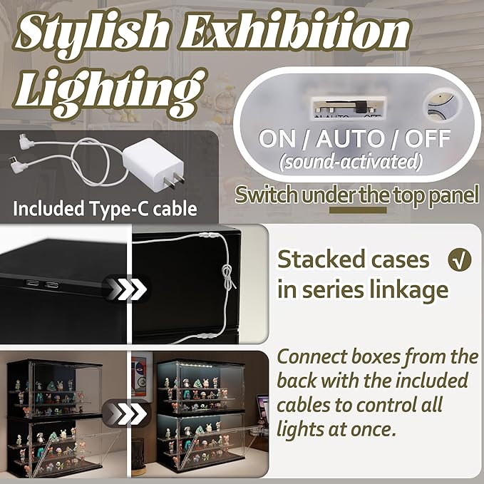 Clear Display Case for Collectibles, 3-Tier Adjustable Figure Display Case with LED Light, Stackable Acrylic Showcase with Magnetic Door for Jewelry,Collectibles (Black, 1 Pack-8.7" H)
