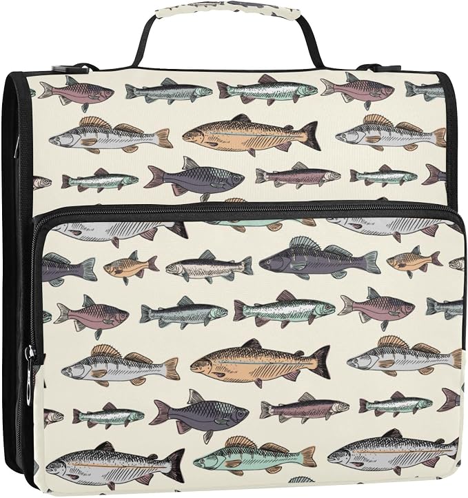 Fisyme Vintage Fish Zipper Binder 3 Ring with Zipper and Shoulder Strap Large Capacity Multi-Pocket Zipper Binder Organizer