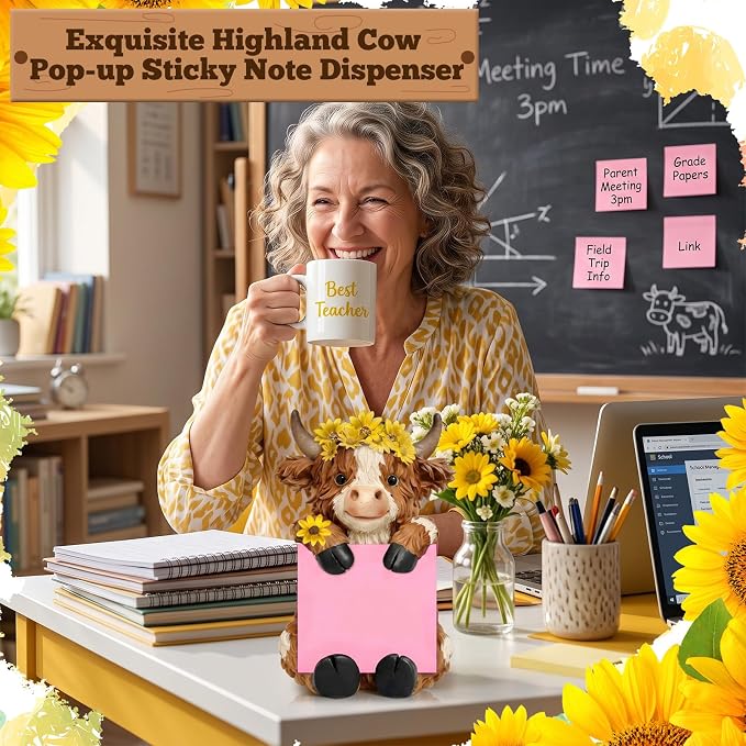 Thenshop Fall Sunflower Highland Cow Pop up Sticky Note Dispenser | Fall Resin Highland Cow with 100 Sheets, Sticky Note Holder, Highland Cow Desk Accessories, Classroom School Gift, 3 x 3 Inch