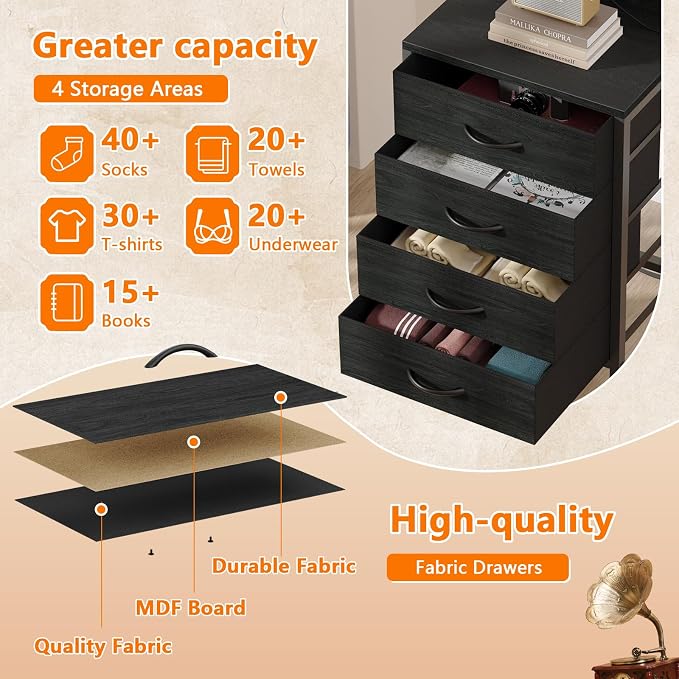 Tall Nightstand with Charging Station, Bed Side Table & End Table | 4 Fabric Drawers and Storage Wood Shelves, Dorm Nightstand with LED Light, Black Night Stand for Bedroom, Dorm, Hallway
