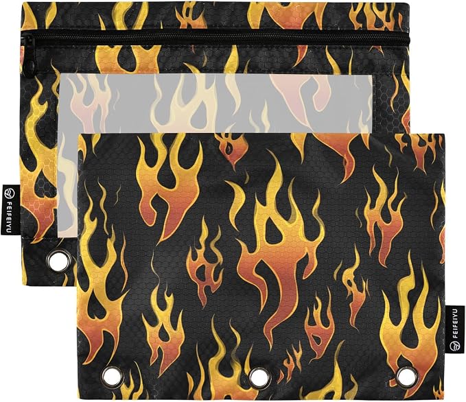 Yellow Orange Fire Flames Pencil Pouch for 3 Ring Binder, 2 Pack Waterproof Pencil Bags Clear Window Pencil Case Zipper School Office Supplies