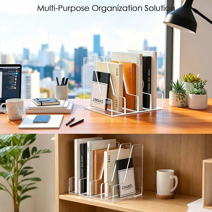 YUXUN Acrylic Magazine File Holders - Clear Desk Organizers | Upright File Folders & Notebook Organizer for Desk, Transparent Magazine Rack for Office Supplies Set of 2