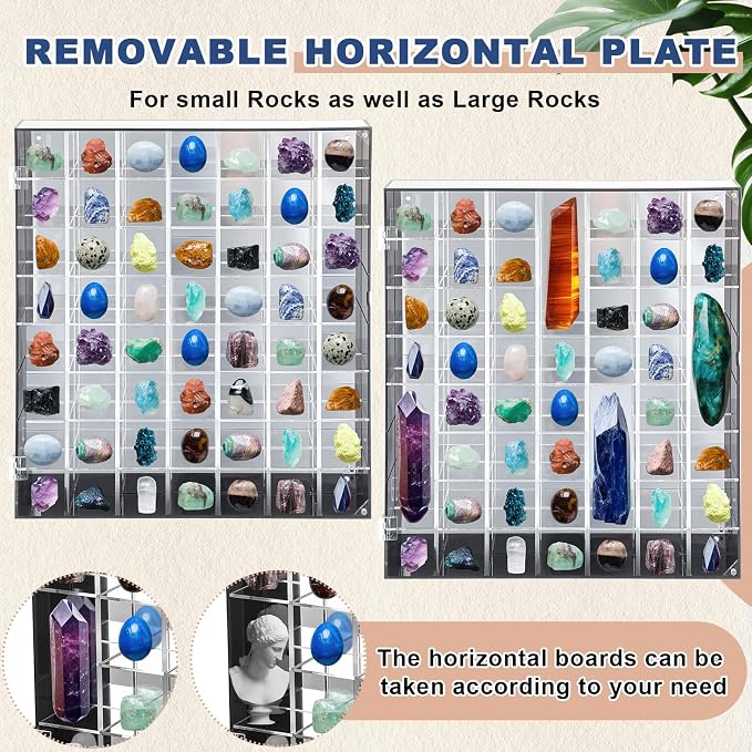 Cinnvoice Rock Display Case 56 Grids,Black Border,Square | Adjustable Acrylic Display Case, Crystal Organizer for Collectible, with Built-in Mirrored, Magnetic Door, Wall Mount