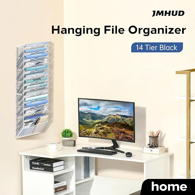 14-Tier Wall File Organizer and Hanging File Organizer, White | Wall Organizer and Wall Mounted File Holder with 14 Pockets and Label Panels for Files, Mail, Folders, Magazines and Paper