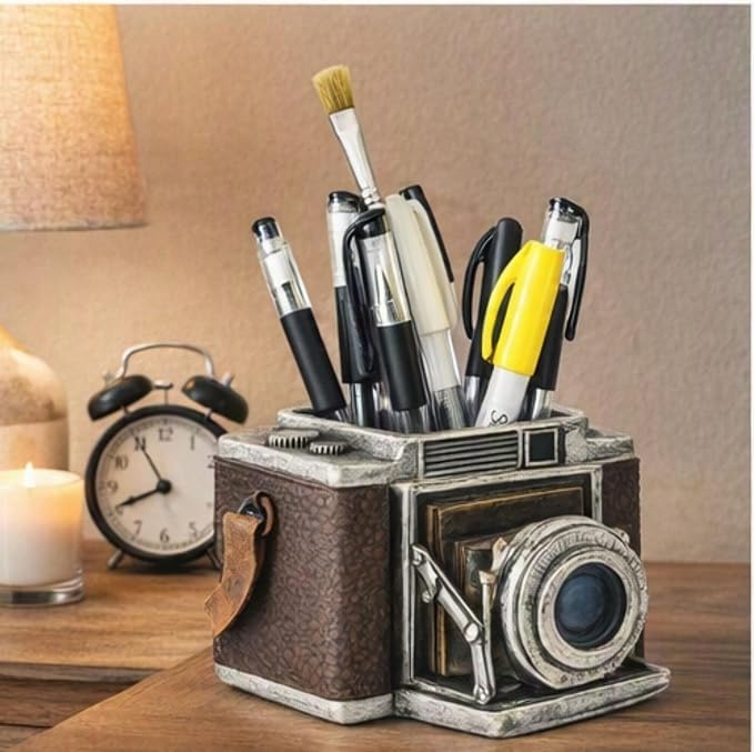 Bellaa Camera Pen Pencil Holder Vintage Retro Antique Style Shabby Chic Desk Organizer Office Farmhouse Decor Photography Gift 24094