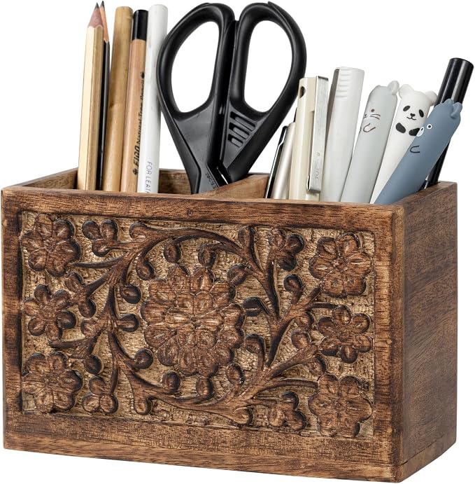 Mie Creations 2 Slot Rustic Pen Holder, Wooden Office Organizer 6'' | Large Pencil Stand for Desktop Table, Floral Handcarved Wood Desk Accessories, Multipurpose School Study Home Supplies