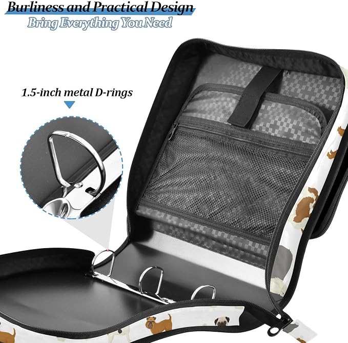 Dogs Zipper Binder with Shoulder Strap Bag 3 Ring Binder Organizer Large Capacity Multiple Compartments for School Office
