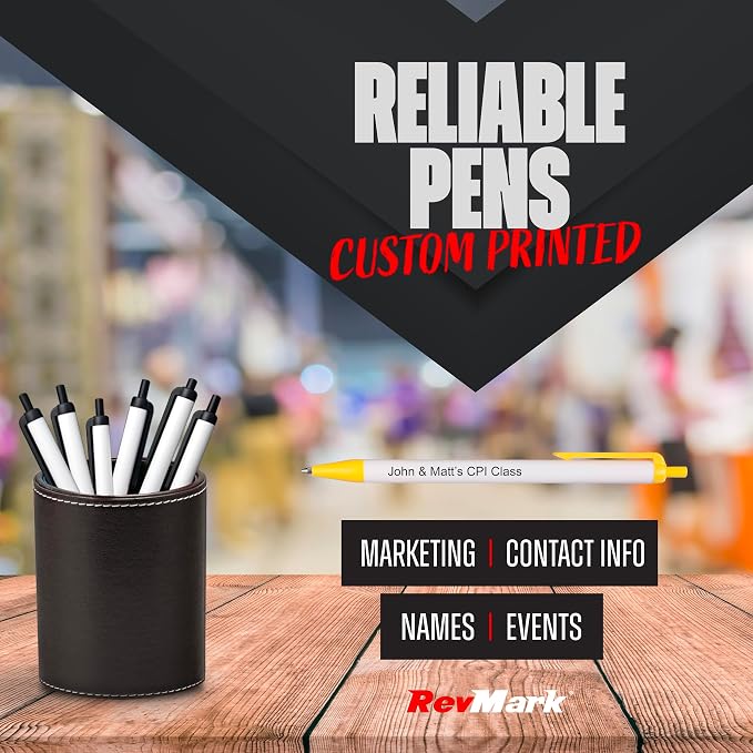RevMark Personalized Ballpoint Pen, Custom Printed Name, Business or Event Information, Timeless Advertising, USA Made Pens, Promotional Marketing, Smooth Black Ink, Bulk Pack (Yellow,100 Ct)