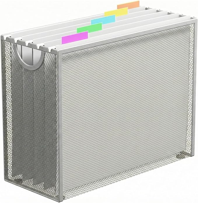 Letter-Size Hanging File Organizer (Silver, with 5 Grey Folders) | File Holder Filing Box for Desk, Metal Mesh Desk File Folder Storage for Office(No Assembly Required)