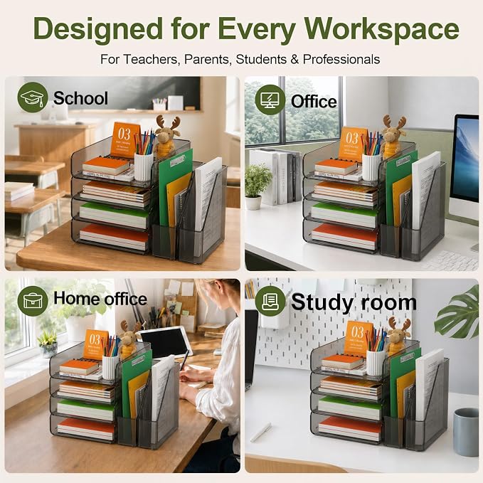 FANXIYQ 4-Tier Brown Acrylic Paper Tray Organizer with 2 Bookends | Tool-Free Stackable 1-4 Tier Design with 2 Bookends for Files, Folders and A4 Paper; For School, Home Office and Study Room
