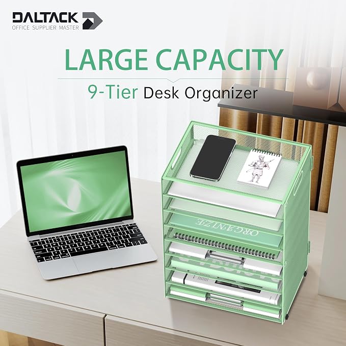 9-Tier Paper Organizer for Desk with Handles, Mint Green, 2 Pack | Desk File Organizer with Removable Trays for Sorting Files, Folders, Mail and Printer Paper at Home, School or Office