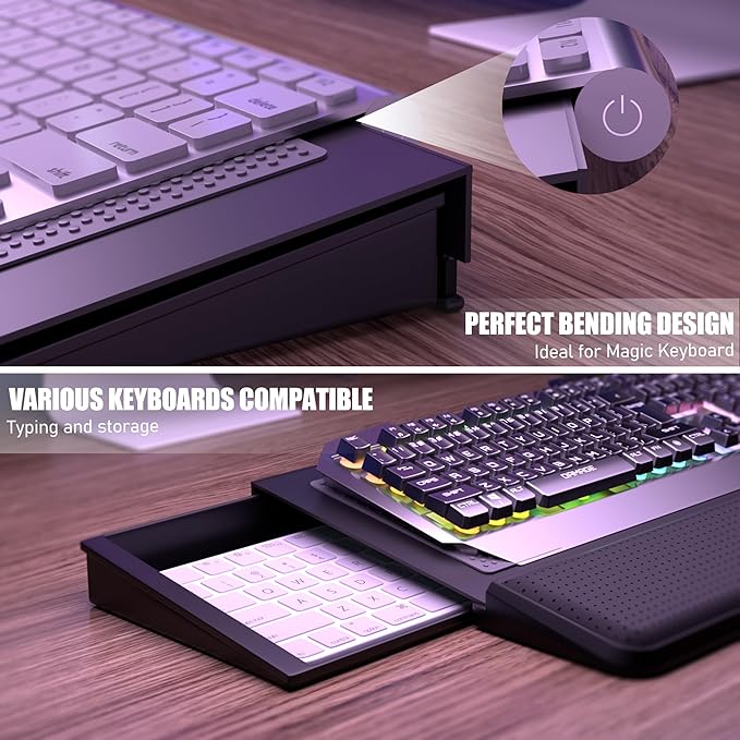 Computer Keyboard Stand with Wrist Rest & Storage Tray - Acrylic Keyboard Riser for Office Desk Accessories Decor, Ergonomic Keyboard Holder for Home Comfortable Typing - Fits All Keyboard Sizes