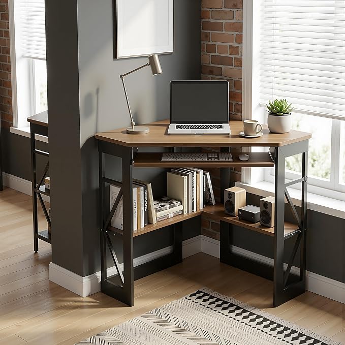 VECELO Corner Desk Computer Desk Writing Table with Smooth Keyboard Tray & Storage Shelves,Compact Home Office Triangle Table,Rustic Brown