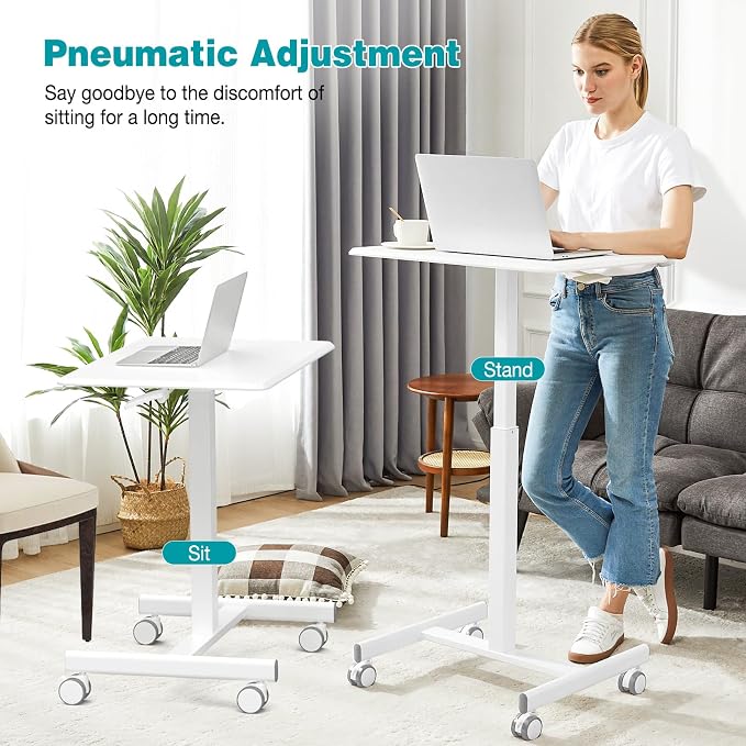 DUMOS Small Standing Desk with Wheels, Laptop Desk, 19 Inch | Portable Rolling Design, Adjustable Height Workstation, Home Office Mobile Station, White