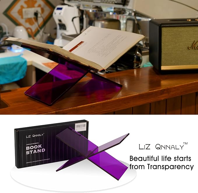 Large Clear Acrylic Book Stand - Perfect for Displaying Open Bibles, Cookbooks on Coffee Table - Ideal for Guest Books, Magazines with Purple Lucite Paperweight