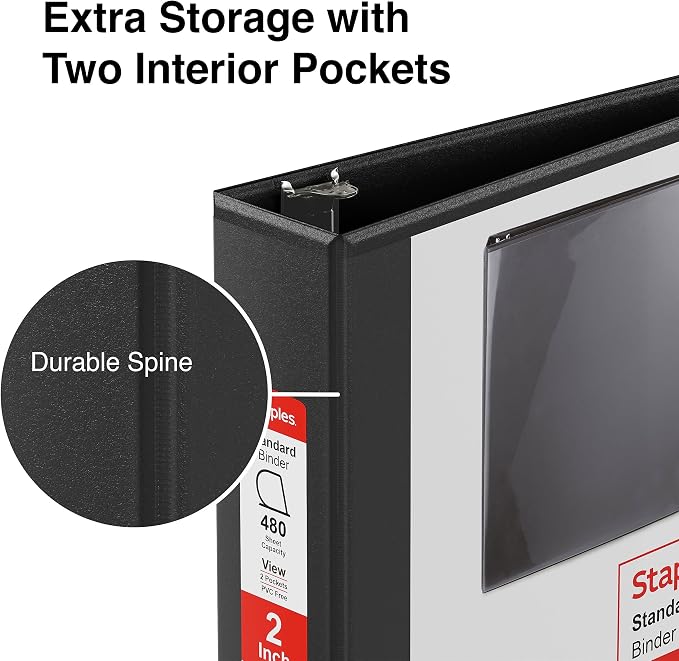 Staples 2" 3-Ring View Binder, D-Ring, Black, 4/Pack