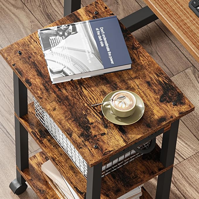 TUTOTAK Printer Stand, 3 Tier Rolling Printer Cart with Charging Station | Small Under Desk Printer Table with Wheels for Small Space, Office, Home, Brown PS02BB001