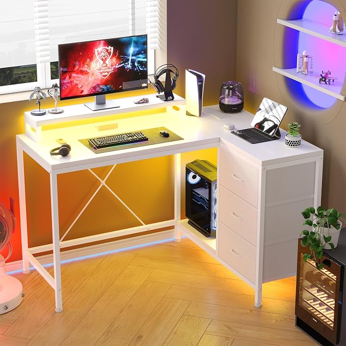 Garvee L-Shaped Computer Desk with Power Outlets & LED Lights - 43-Inch Reversible Corner Gaming Desk with 3 Drawers, Storage Shelves & Removable Monitor Stand, Modern Home Office Desk