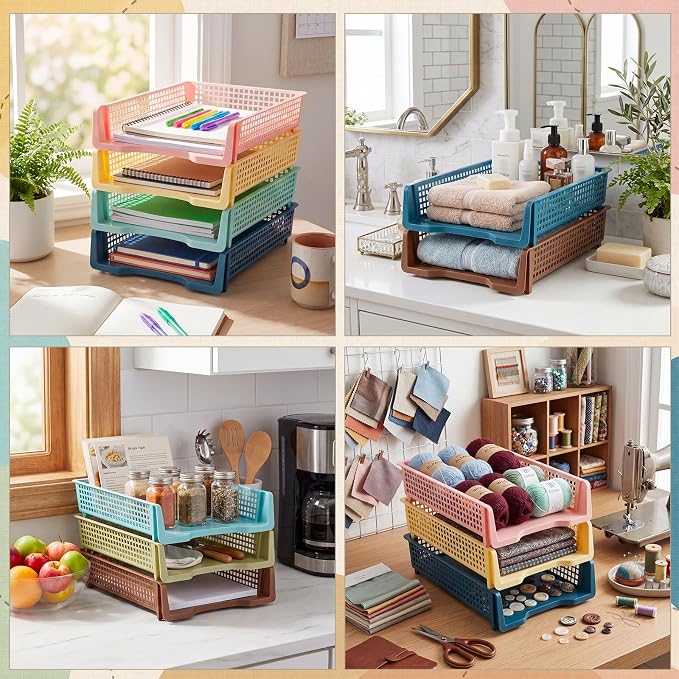Weysat 6 Pcs Turn in Trays Classroom, Stackable Paper Tray for Classroom Organization Plastic Desk File Organizer Bin Basket for Library Drawer Teacher Office Document Storage (Morandi Tones,Narrow)