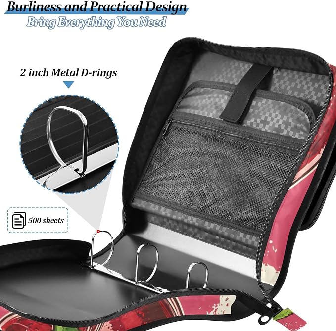 Red Cherry Print 3 Ring Binder Bag 1.5 inch Binder Organizer with Zipper Shoulder Strap 500 Sheet Documents Storage for School Office