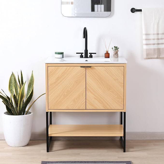 JONATHAN Y Juhl 30" Chevron Freestanding Bathroom Vanity Cabinet, Oak | Modern Minimalist Design, 18" Deep 33" Tall, 2 Soft-Close Doors, Interior And Open Shelves, Sink Not Included