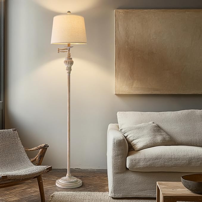 Vintage Floor Lamp with 350° Adjustable Swing Arm 61" Lamps for Living Room | Antique Standing Lamp, Retro White Bedroom Floor Lamp, Mid Century Farmhouse Rustic Traditional Brass Tall Swivel Pole Lamp