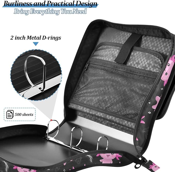 Purple Axolotl 3 Ring Binder Bag 1.5 inch Binder Organizer with Zipper Shoulder Strap 500 Sheet Documents Storage for School Office