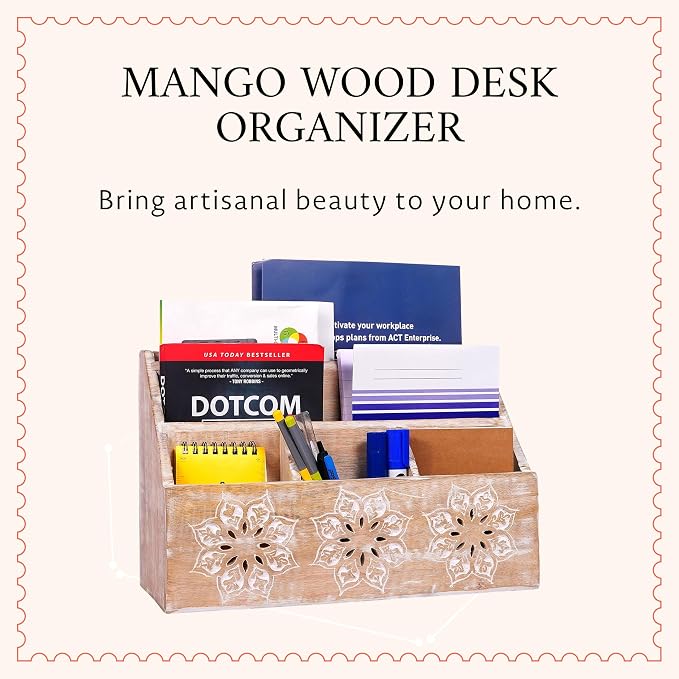 Serena Mango Wood Desk Organizer - Whitewash, 13 in | Functional mail holder featuring 5 compartments tailored for home desk organization, mail storage and rustic office decor.