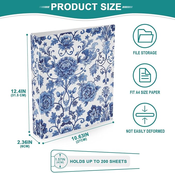 Porcelain Floral Round Ring Binders 1.5 Inch Peony 3 Ring Clipboard Binder for Office School Work Supplies File Folder Document 200 Sheet Capacity Easy Open 2 Pieces