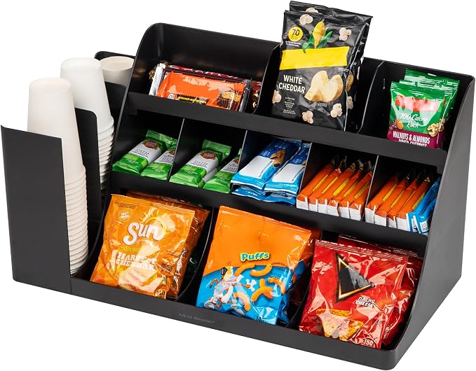 Mind Reader Large Cup and Condiment Station, 14-Compartment Countertop Coffee Organizer for Cups, Lids, Condiments and Supplies, Black