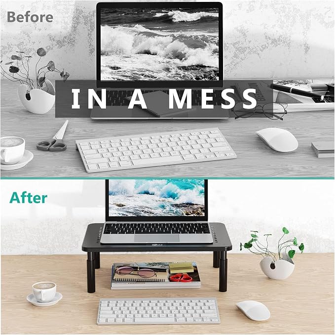 WALI Computer Monitor Stand for Desk, Adjustable Laptop Riser, up to 44 lbs | Monitor Riser Under-Desk Storage, Fits Monitors, Laptops, Printers, for Home, Office, School Supplies (STT003), 1 Pack, Black