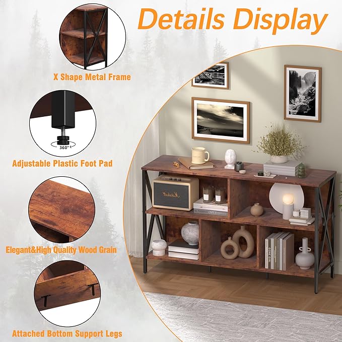 Adompacat 47" 5 Cube Low Bookshelf, Rustic Wood Storage Horizontal Bookcase | 320lbs heavy duty, robot vacuum friendly, 30-min assembly, open cubby storage for home office bedroom living room